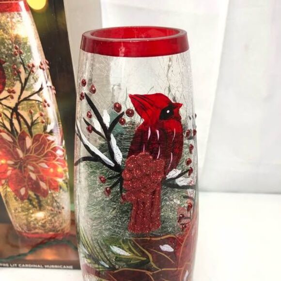 Christmas Kirkland's Pre Lit Crackle Glass Cardinal Hurricane Lamp w/Box - Picture 6 of 9